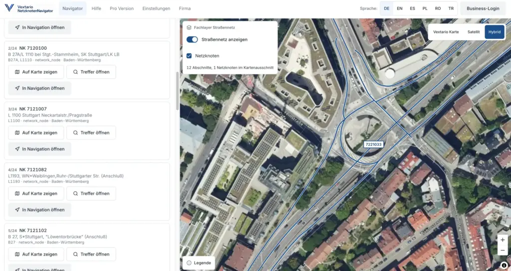 Netzknoten Navigator: Wie die Technik hinter Straßenreferenzierung, Stationierung und Geodaten funktioniert 1 Vextario Netzknoten Navigator Satelliten Ansicht